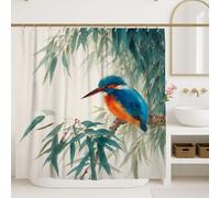 Kingfisher Shower Curtain, Watercolor Blue with Orange Bird Bathroom Decor, Nature Inspired Spring Summer Home Aesthetic Waterproof Fabric Shower Curtain with Hooks 72x84 Inch