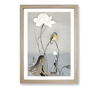 Kingfisher with Lotus Flower by Ohara Koson Framed Print | A2 Oak Framed Wall Art | Ready to Hang | Modern Floral Picture | Living Room Bedroom Lounge Office