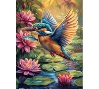 Kingfisher with Lotus Flowers 500 Piece Jigsaw Puzzle for Adults Wildlife Plant Home Library Decor Intellectual Challenge Precision Cut for Intellectuals 500 PCS