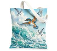 Kingfishers Bird Canvas Tote Bag for Shopping 13 * 15, Cool Sea Ocean Waves Scenery Reusable Grocery Shoulder Bag for Women, Animal Painting Gift Decor
