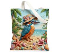 Kingfishers Bird Canvas Tote Bag for Shopping 13 * 15, Relief Coastal Beach Shells Reusable Grocery Shoulder Cloth Bag for Women, Tropical Painting Gift Decoration