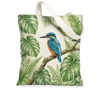 Kingfishers Bird Canvas Tote Bag for Shopping 13 * 15, Tropical Plant Botanical Leaf Reusable Grocery Bag for Women, Monstera Travel Pattern Gift Decoration