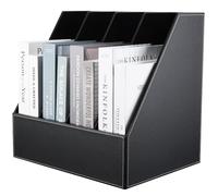 KINGFOM™ 4-Slot Wood Leather Desk Magazine File Holder Paper Book Storage Rack Office Desk Organiser (4-Slot Black)