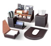 KINGFOM 5PCS Desk Organizer and Accessories Set, Pu Leather Office Supplies with Multifunction Desktop Organizer Storage Box, Tissue Holder, Mouse Pad, Note Paper Holder, Pencil Holder for Desk Brown