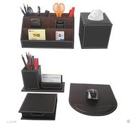KINGFOM™ 5pcs Office Desk Organiser Set - Including 5 Storage Desk Organizer,Tissue Box, Mouse Mat, Memo Holder,Pen Holder with Business Card Holder Stand (T50-5-Brown)