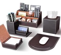 KINGFOM Desk Organiser, PU Leather Pen Holder Office Supplies Storage Box 6 Compartments with Drawer, Mint Green (T50K-Brown)
