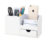 KINGFOM Desk Organiser Tidy Caddy Leather Pen Pencil Pots Holder Stationery Storage Office Desktop Supplies Organisers with Drawer White