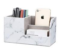KINGFOM Desk Organizer Office Supplies Caddy Pu Leather Multi-function Storage Box Pen/Pencil,Cell phone, Business Name Cards Remote Control Holder Gray Marble