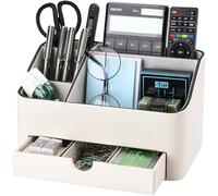 KINGFOM Desk Tidy Organiser mit 5 Grids and Drawer, PU Leather Desk Organiser Office Desktop Stationary Organiser Holder Large Capacity Pen Pot Pen Holder for Desktop Accessories (White)