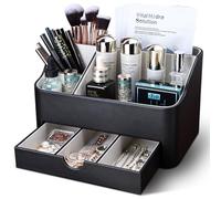 KINGFOM Make up Organiser with Drawer, Compact Beauty Storage for Vanity Desk, PU Leder Skincare Storage Organizer, Best Gifts for women (Black)