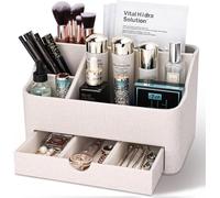 KINGFOM Make up Organiser with Drawer, Compact Beauty Storage for Vanity Desk, PU Leder Skincare Storage Organizer, Best Gifts for women (Beige)