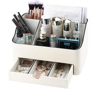 KINGFOM Make up Organiser with Drawer, Compact Beauty Storage for Vanity Desk, PU Leder Skincare Storage Organizer, Best Gifts for women (White)