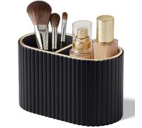 KINGFOM Makeup Brush Holder, Elegant Makeup Brush Organiser with 2 Compartments, PU Leather Makeup & Brush Holder for Vanity, Bathroom or Bedroom (Black)