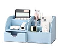 KINGFOM PU Leather Office Desk Organiser Tidy Pen Pencil Pots Stationery Storage Box Desk Accessories (Blue)