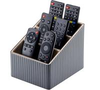 KINGFOM Remote Control Holder, PU Leather TV Remote Holder for Nightstand/Bedside, Remote Caddy with 3 Compartments, Office Desk Organiser Pen Pencil Pot Holder for Desk (Gray)