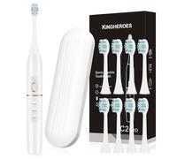 Kingheroes Sonic Electric Toothbrush with 8 Brush Heads & Travel Case，4 Modes, One Charge for 60 Days, 42000 VPM Motor，White Electric Toothbrush Set