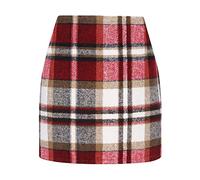Kinghua Womens Wool Plaid Mini Skirt Fall Winter High Waisted Bodycon Pencil Skirt, Wine Red, X-Small