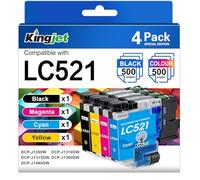 KINGJET LC521 Ink Cartridges Replacement for Brother LC521 LC-521 LC521VAL Multipack for Brother DCP-J1260W DCP-J1310DW DCP-J1313DW DCP-J1360DW DCP-J1460DW Printer (Black, Cyan, Magenta, Yellow)