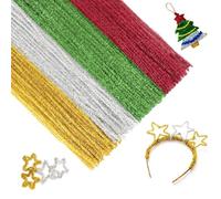KINGLAKE 100pcs Glitter Pipe Cleaners for Crafts Christmas, 30cm x 6mm Sparkly Gold and Silver Pipe Cleaners, Red and Green Crafts Pipe Long Cleaners Chenille Stems for DIY Crafting Xmas Decorations