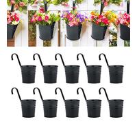 KINGLAKE 10Pcs 10cm Metal Hanging Plant Pots with Detachable Hook, Black Fence Flower Pots Garden Hanging Planter Bucket Flower holder for Balcony Fence Railing Garden Home Décor