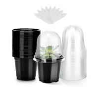 KINGLAKE 12 Pcs 10cm Black Plastic Plant Pots with Humidity Dome, Small Plant Flower Pots Nursery Seedling Pots for Seed, Cuttings, Succulents and 12 Pcs Plant Labels