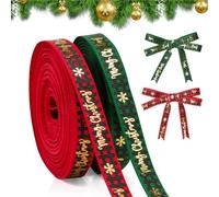 KINGLAKE 2 Rolls x 10 Yards Merry Christmas Ribbon for Gift Wrapping, 10mm Red Green Satin Ribbon Plaid Christmas Ribbons for Crafting, Xmas Tree, Presents, Flowers, DIY Crafts,Gift Basket