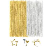 KINGLAKE 200pcs Glitter Pipe Cleaners for Crafts Christmas, 30cm x 6mm Sparkly Gold and Silver Pipe Cleaners, Long Crafts Pipe Cleaners Chenille Stems for DIY Crafting Xmas Decorations