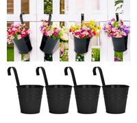 KINGLAKE 4Pcs 10cm Metal Hanging Plant Pots Black, Garden Fence Hanging Planters Bucket Flower Pots Holder Balcony Planters for Railing Garden Home Décor with Detachable Hook
