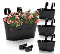 KINGLAKE 4Pcs Metal Hanging Plant Pots, 27cm Black Fence Hanging Planters Flower Pots Holder Large Balcony Planters for Railing Outdoor Garden Home Décor with Detachable Hooks
