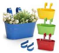 KINGLAKE 4Pcs Metal Hanging Plant Pots, 27cm Coloured Fence Hanging Planters Flower Pots Holder Large Balcony Planters for Railing Outdoor Garden Home Décor with Detachable Hooks (Multicolor