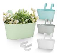 KINGLAKE 4Pcs Metal Hanging Plant Pots, 27cm Coloured Fence Hanging Planters Flower Pots Holder Large Balcony Planters for Railing Outdoor Garden Home Décor with Detachable Hooks (Macaron Color)
