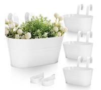 KINGLAKE 4Pcs Metal Hanging Plant Pots, 27cm White Fence Hanging Planters Flower Pots Holder Large Balcony Planters for Railing Outdoor Garden Home Décor with Detachable Hooks