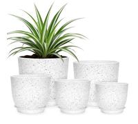 KINGLAKE 5 Pack Plant Pots Indoor, 17.8/16/14/12.5/11.5cm Multi Size Modern Matte Plastic Flower Pots Set with Saucers and Drainage Holes for House Plants, Succulents, Herbs (White with Speckles)