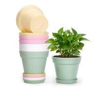 KINGLAKE 8 Pcs Small Plant Pots Indoor, 10cm Colored Plastic Plant Seedling Pots with Drainage Holes and Trays, Modern Decorative Flower Pot for Herb Succulents Small House Plants Desk Windowsills