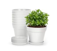 KINGLAKE 8 Pcs Small Plant Pots Indoor, 10cm White Plastic Plant Seedling Pots with Drainage Holes and Trays, Modern Decorative Flower Pot for Herb Succulents and Small House Plants Desk Windowsills