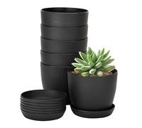 KINGLAKE 8 Pcs Thick Black Plastic Flower Pots 10CM Small Round Plant Pots with Trays for Succulent Plants Small Potted Plants