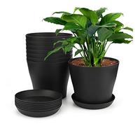 KINGLAKE 8Pcs 17cm Black Plant Pots Plastic Large Flower Pots with Pallet/Trays for Indoor Outdoor Office House Desk