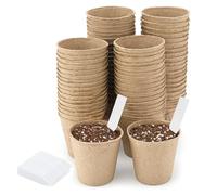 KINGLAKE Biodegradable Small Plant Pots Fibre Seedling Pots, 8cm 100Pcs Compostable Flower Seed Pots for Planting Vegetables, Fruits, Herbs with 100 Plant Labels