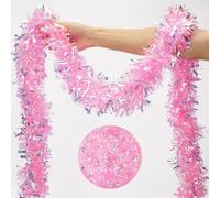 KINGLAKE Christmas Tinsel Garland, 10M x 9CM Pink Xmas Shiny Iridescent Tinsel Garland Decorations, Christmas Metallic Chunky Tinsel Thick for Decorations Xmas Tree, Party, Home