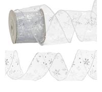 KINGLAKE Christmas Tree Ribbon Silver Wired Ribbon Organza, 10 Yards 2.5Inch Glitter Snowflake Sheer Ribbons for Wreaths Gift Wrapping Xmas Tree Garland Decorations Making Bows