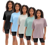 Kinglaman 1/5 Pack Workout Oversized T Shirts for Women, Short Sleeve Plus Size Baggy Dry Fit Athletic Gym Shirts Tops Tees, 1 Black 1 Dark Pink 1 Blue 1 Ash Grey 1 Green, XXL