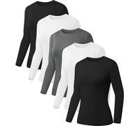 Kinglaman 5 Pack Womens Basic Long Sleeve Shirts Crew Neck Slim-Fit Fitted T Shirts Tops Undershirts Underscrub Baselayer, 2 Black 2 White 1 Heather Grey, XXL