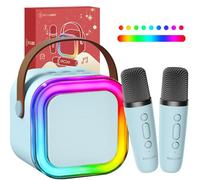 Kinglucky Mini Karaoke Machine for Kids with 2 Wireless Microphones - Fun Voice Effects, Birthday Gift for Girls Ages 3-12, Portable for Family Parties - Blue