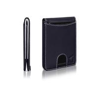 Kingly Men's Minimalist RFID Blocking Wallet | Slim Bi-Fold with Cash Pocket & Money Clip | Navy Blue Leather Wallet for Men | Holds 15 Cards & Cash