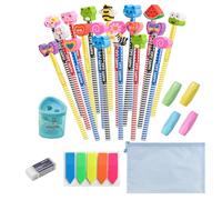 Kingmyth HB Pencils, 24pcs Pencils with Rubbers on the End with 4pcs Pencil Grips,Eraser,Sticky Note and Sharpener for Writing and Drawing (4 colors)