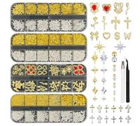 KINGNAME Gold Nail Charms and Gems Set, 4 Boxes Nail Gems Nail Pearls Nail Art Tools, 3D Cross Nail Charms Heart Nail Rhinestones for Nails Supplies, Charms for Nails Design Nail Art Kit