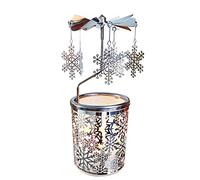 kingnero carousel candle rotary candle holder Christmas snowflake spinning candleholder metal tea light holder candlestick for home decoration or relatives and friends gift (Silver snowflake)
