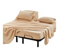 Kingnex Striped 32-34 Split Top King Sheets Sets for Adjustable Bed with Strap Soft Brushed 1800 Microfiber 4 Pieces Flex Head King Bedding Set Beige
