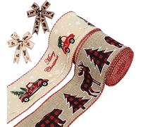 Kingovalley 2 Rolls 10 Yards Christmas Wired Ribbons, 2.5” Vintage Red Truck and Merry Christmas Tree, Plaid Moose Bear and Trees Wired Edge Ribbons for Xmas Gift Wrapping, DIY Crafts, Wreath