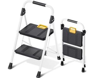 KINGRACK 2 Step Folding Ladder, 800lbs Capacity Step Stool with Safety Lock, Non-Skid Wide Pedals, and Handrail, Lightweight, Household Ladder for Home, Kitchen, Pantry, Closets, and Office Use, White